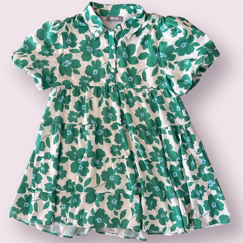 Blue B Baby Doll Tiered Drop Waist Dress Lined Green Blue Floral Size Large